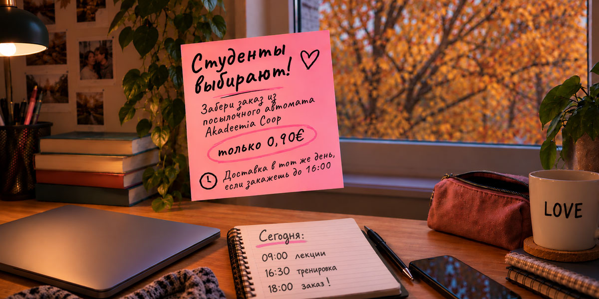 Специальное предложение для студентов - получение заказа из посылочного автомата Akadeemia Coop всего за 0,90 € с доставкой в тот же день при заказе до 16:00
